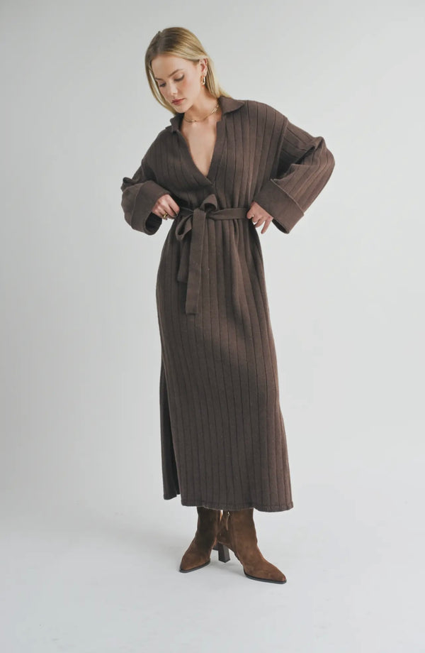 Sage The Label Chocolate Amber Waist Tied Sweater Midi Dress