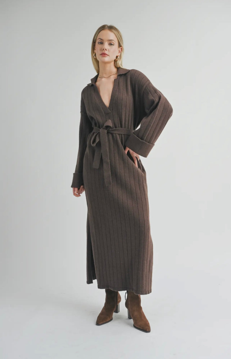 Sage The Label Chocolate Amber Waist Tied Sweater Midi Dress