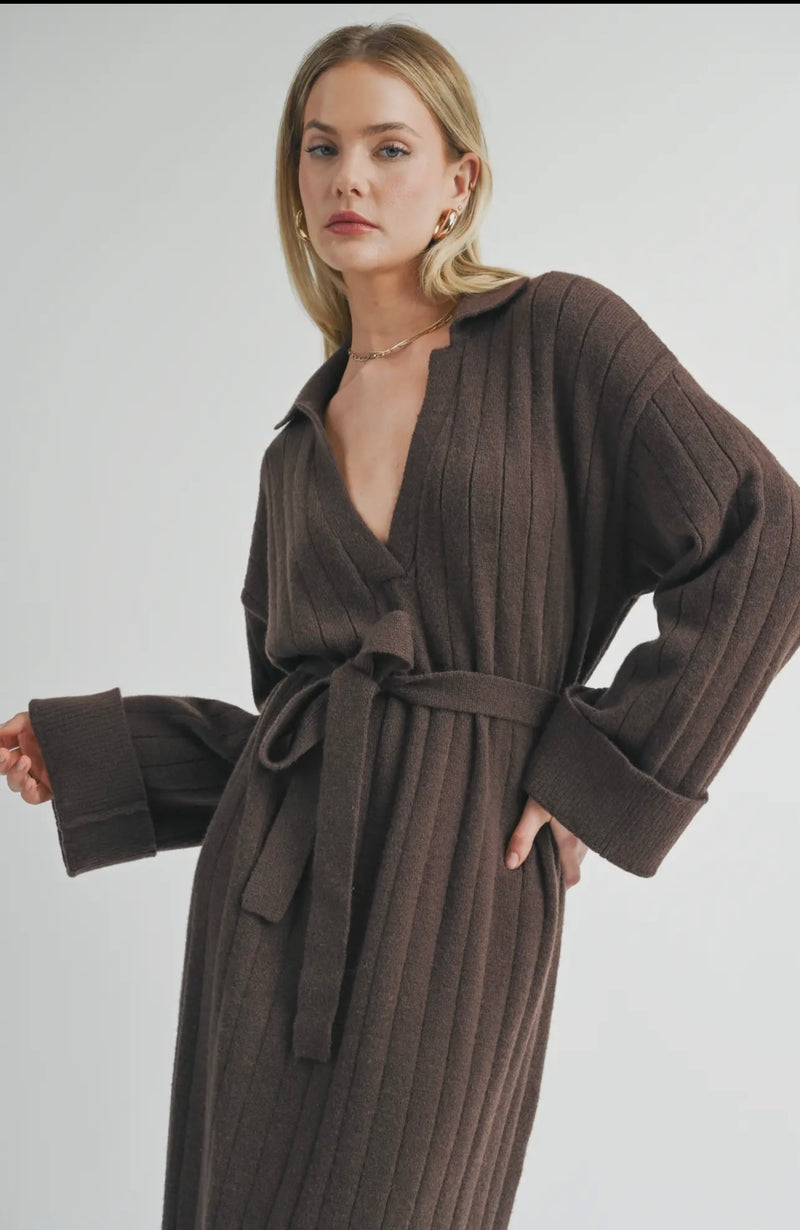 Sage The Label Chocolate Amber Waist Tied Sweater Midi Dress