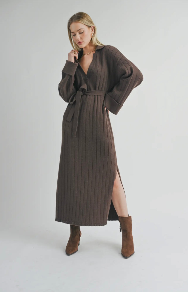 Sage The Label Chocolate Amber Waist Tied Sweater Midi Dress