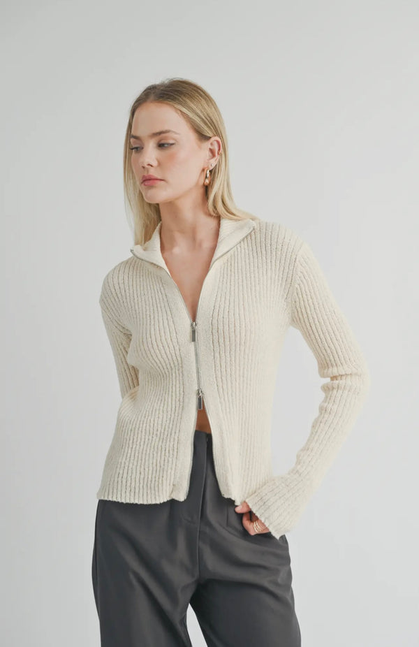 Sage The Label Ivory Tori Ribbed Zip Up Cardigan Sweater