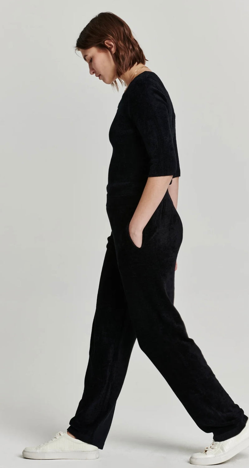 Another Love Black Carson Tapered Leg Slant Pockets Elastic Waist Chenille Pant