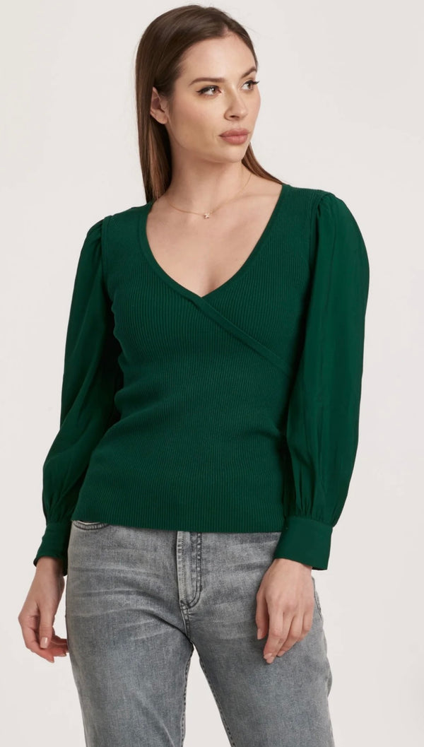 Another Love Forest Darcy Over Lap V Neck Puff Sleeve Sweater