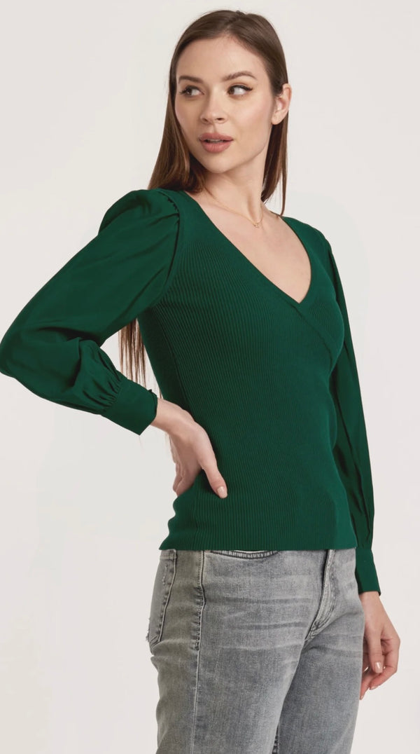 Another Love Forest Darcy Over Lap V Neck Puff Sleeve Sweater