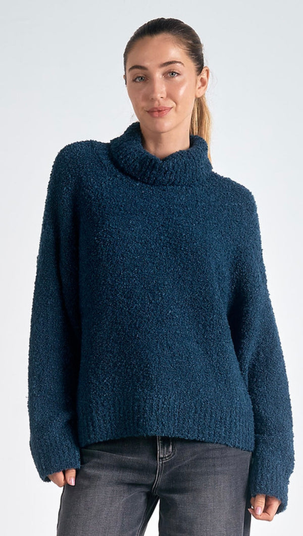 Elan Teal Blue Turtleneck Boucle Sweater