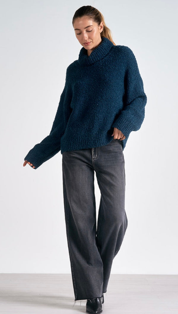 Elan Teal Blue Turtleneck Boucle Sweater