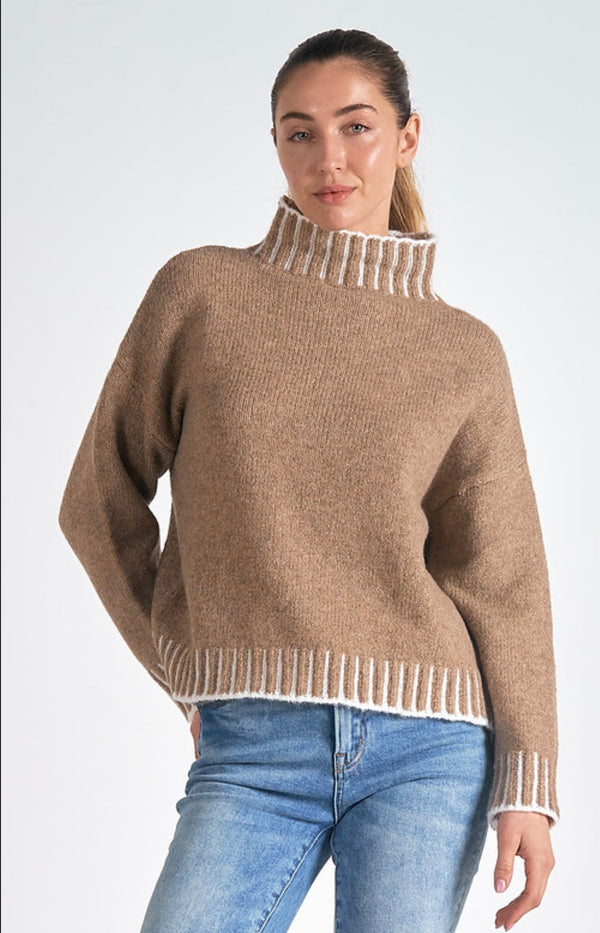 Elan Tan Turtleneck w/Contrasting Stitching Sweater