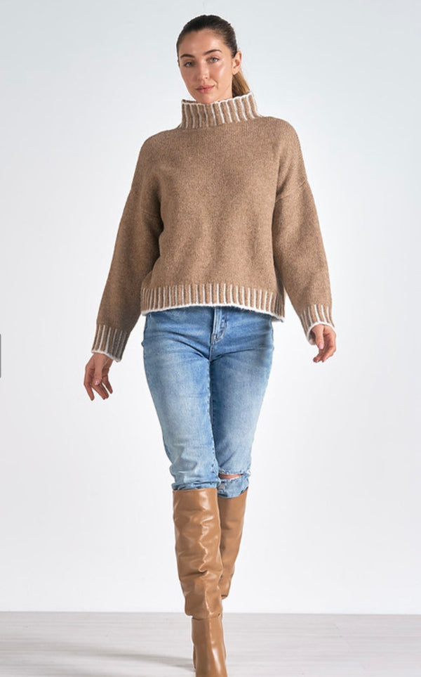 Elan Tan Turtleneck w/Contrasting Stitching Sweater