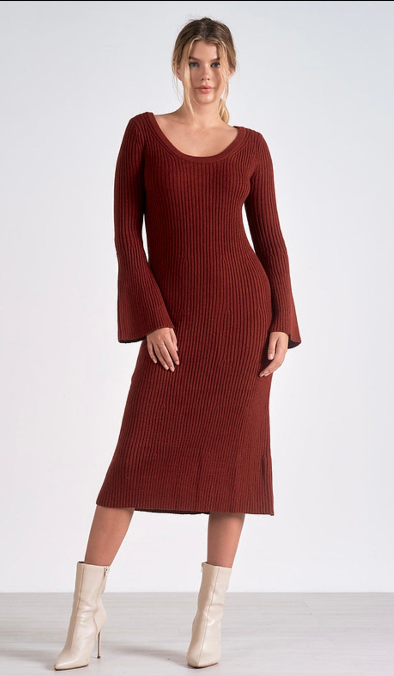 Elan Brick Long Sleeve Scoop Neck Knit Maxi Dress