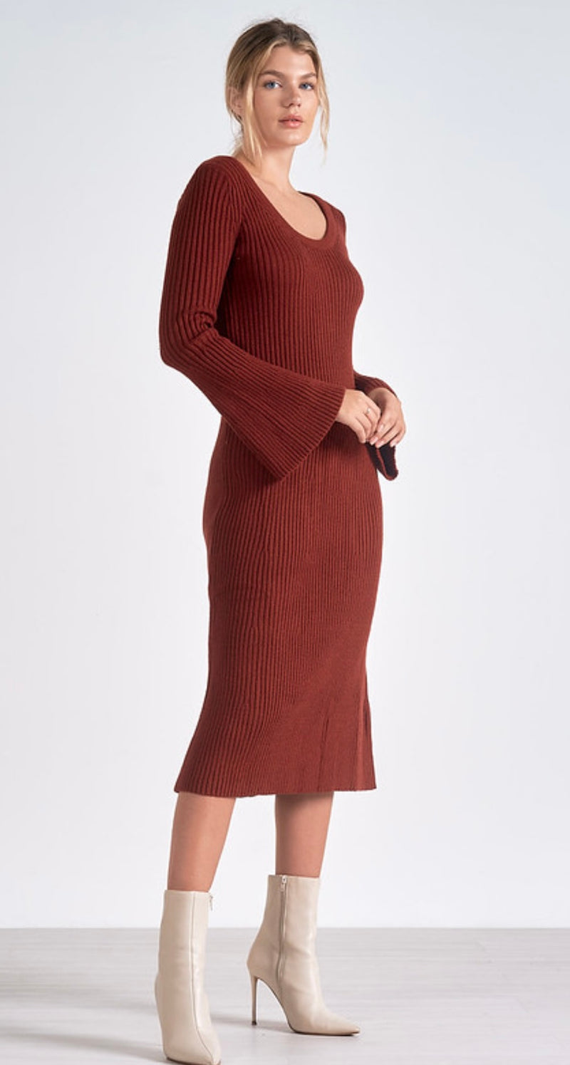 Elan Brick Long Sleeve Scoop Neck Knit Maxi Dress