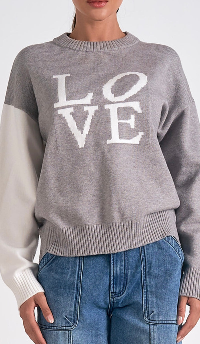 Elan Grey Off White Colorblock Love Crewneck Sweater