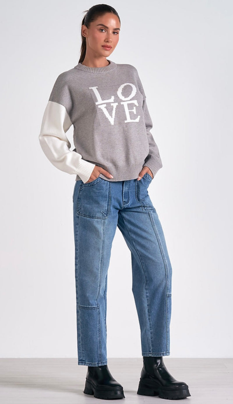 Elan Grey Off White Colorblock Love Crewneck Sweater