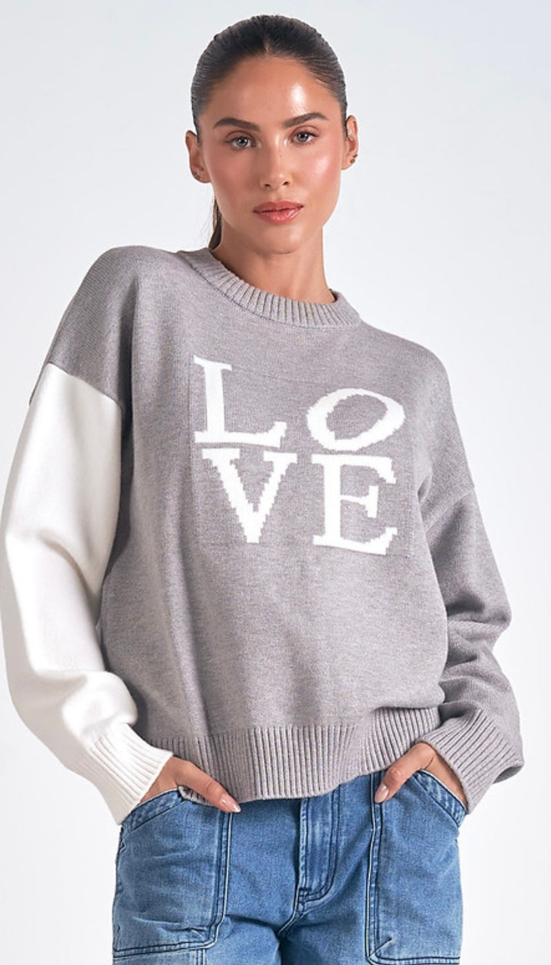 Elan Grey Off White Colorblock Love Crewneck Sweater