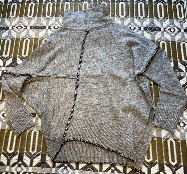 Elan Heather Grey Asymetrical Whip Stitched Turtleneck Sweater