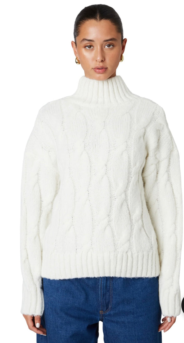 NIA Ivory Fiji Oversized Mock Neck Cable Knit Sweater