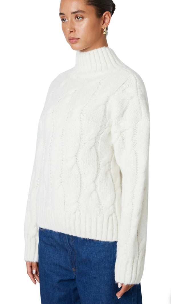 NIA Ivory Fiji Oversized Mock Neck Cable Knit Sweater