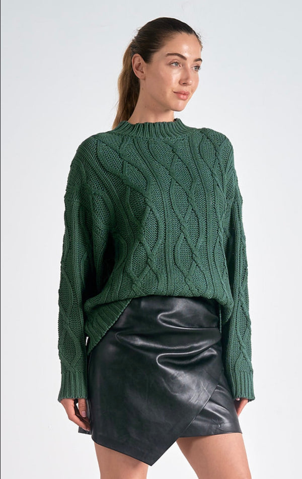 Elan Dark Green Cable Knit Crewneck Sweater