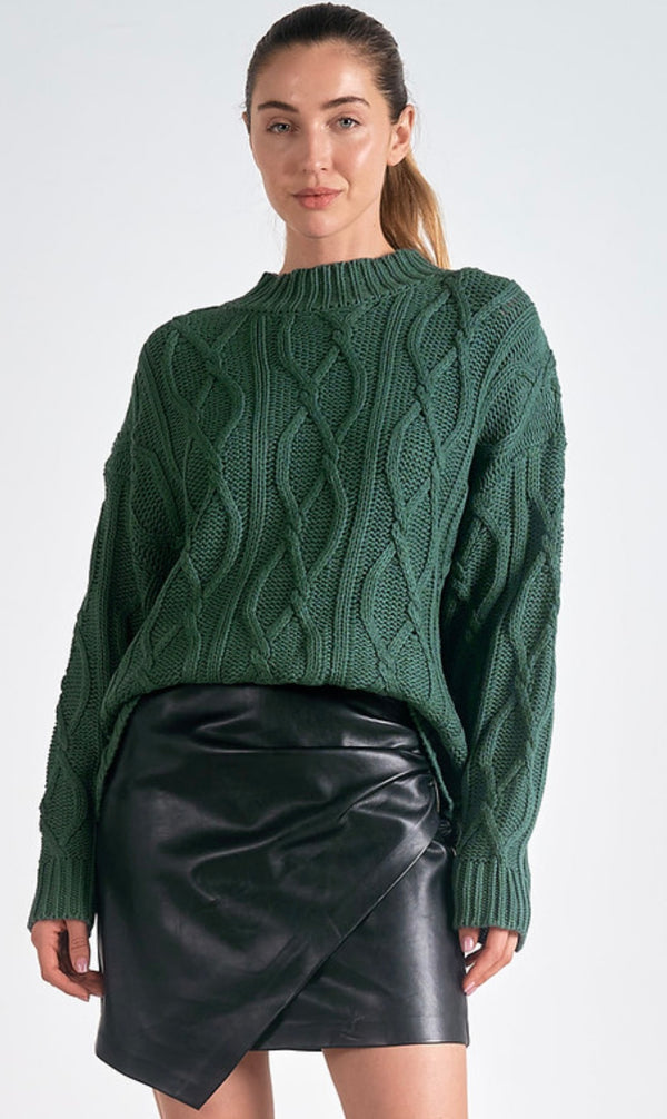 Elan Dark Green Cable Knit Crewneck Sweater