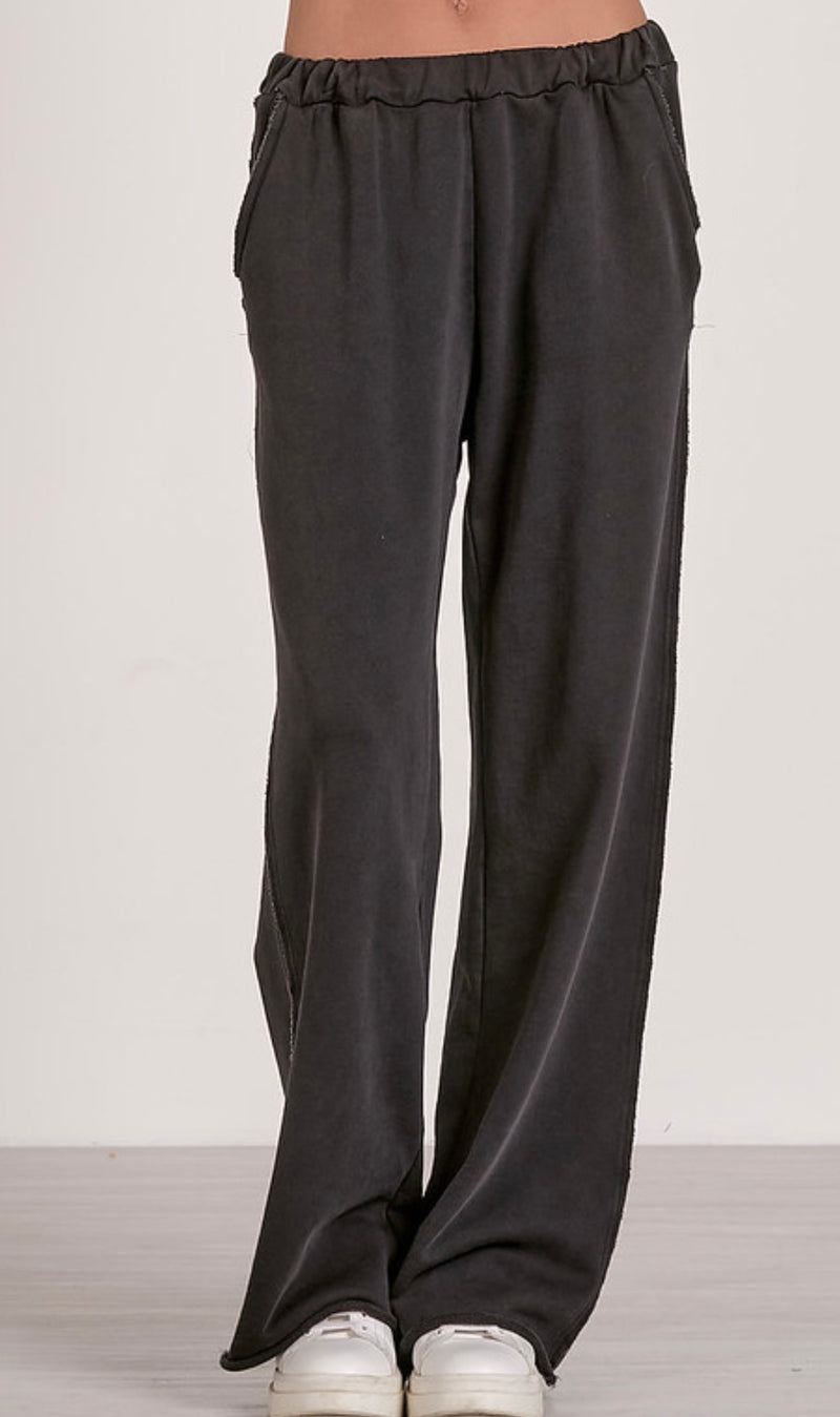 Elan Black Elastic Waistband Wide Leg Casual Pant
