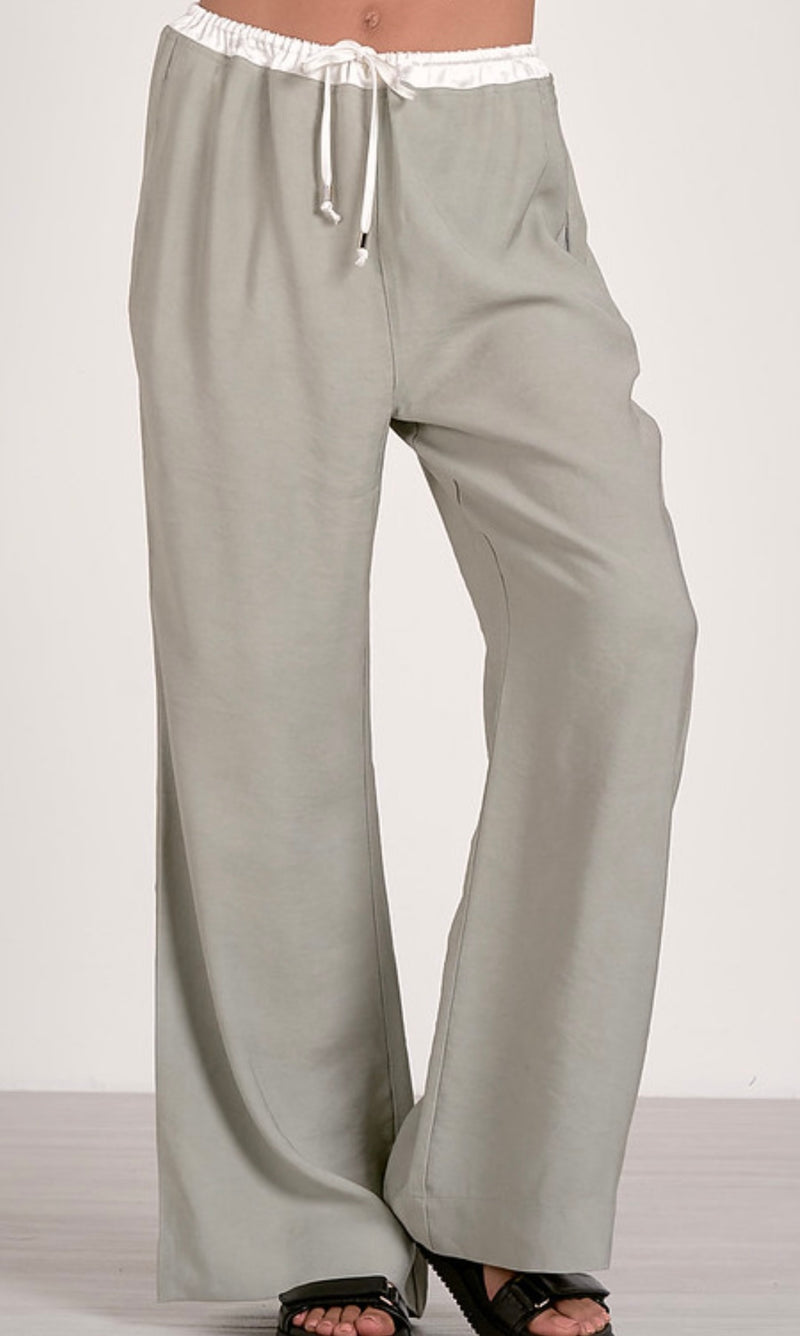 Elan Grey White Elastic Waistband Wide Leg Pant