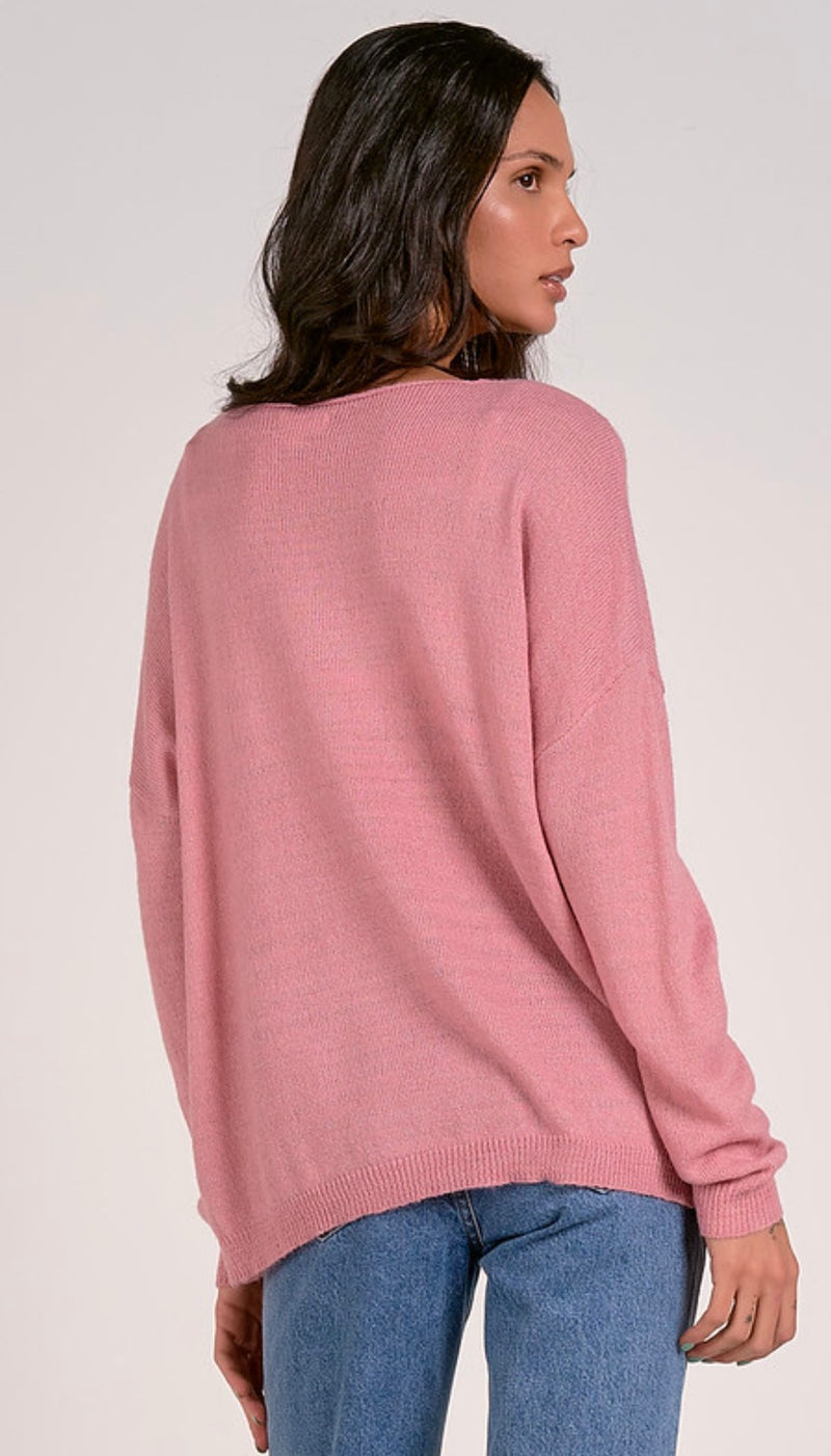 Elan Mauve Vneck Love Long Sleeve Light Weight Sweater