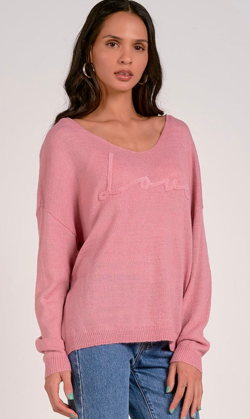 Elan Mauve Vneck Love Long Sleeve Light Weight Sweater