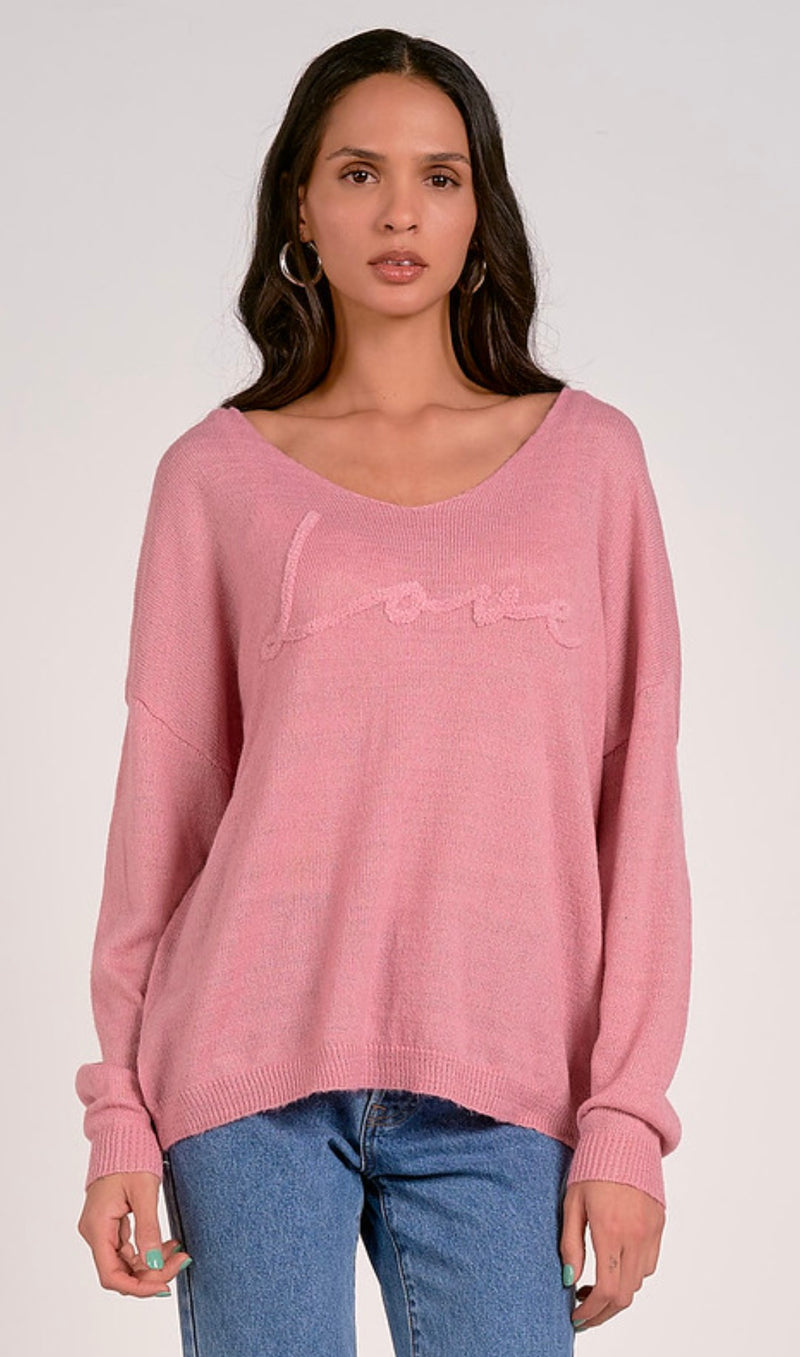 Elan Mauve Vneck Love Long Sleeve Light Weight Sweater