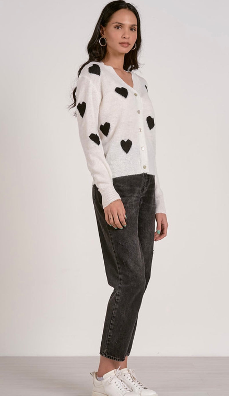 Elan White w/Black Hearts LIght Weight Cardigan Sweater