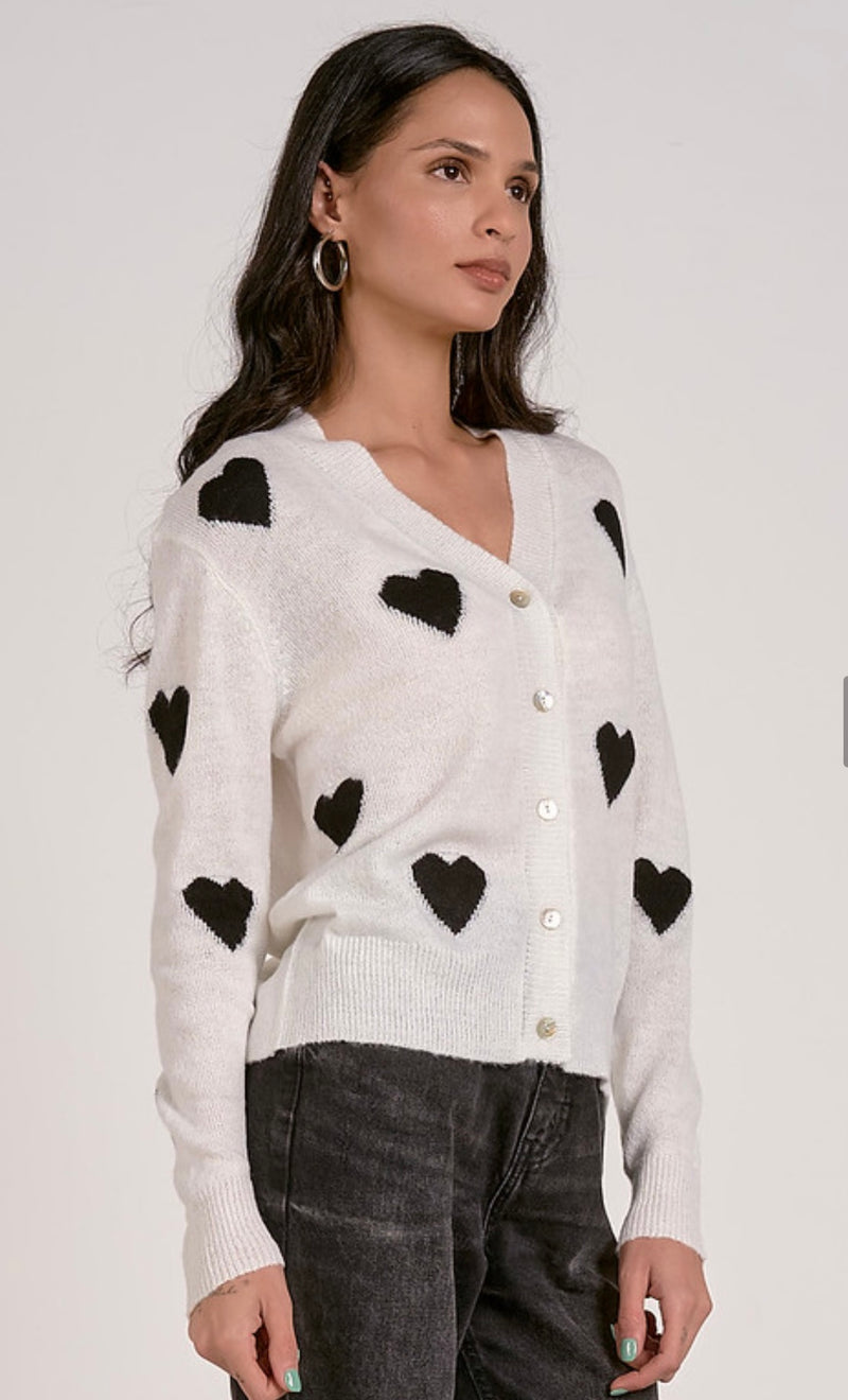 Elan White w/Black Hearts LIght Weight Cardigan Sweater