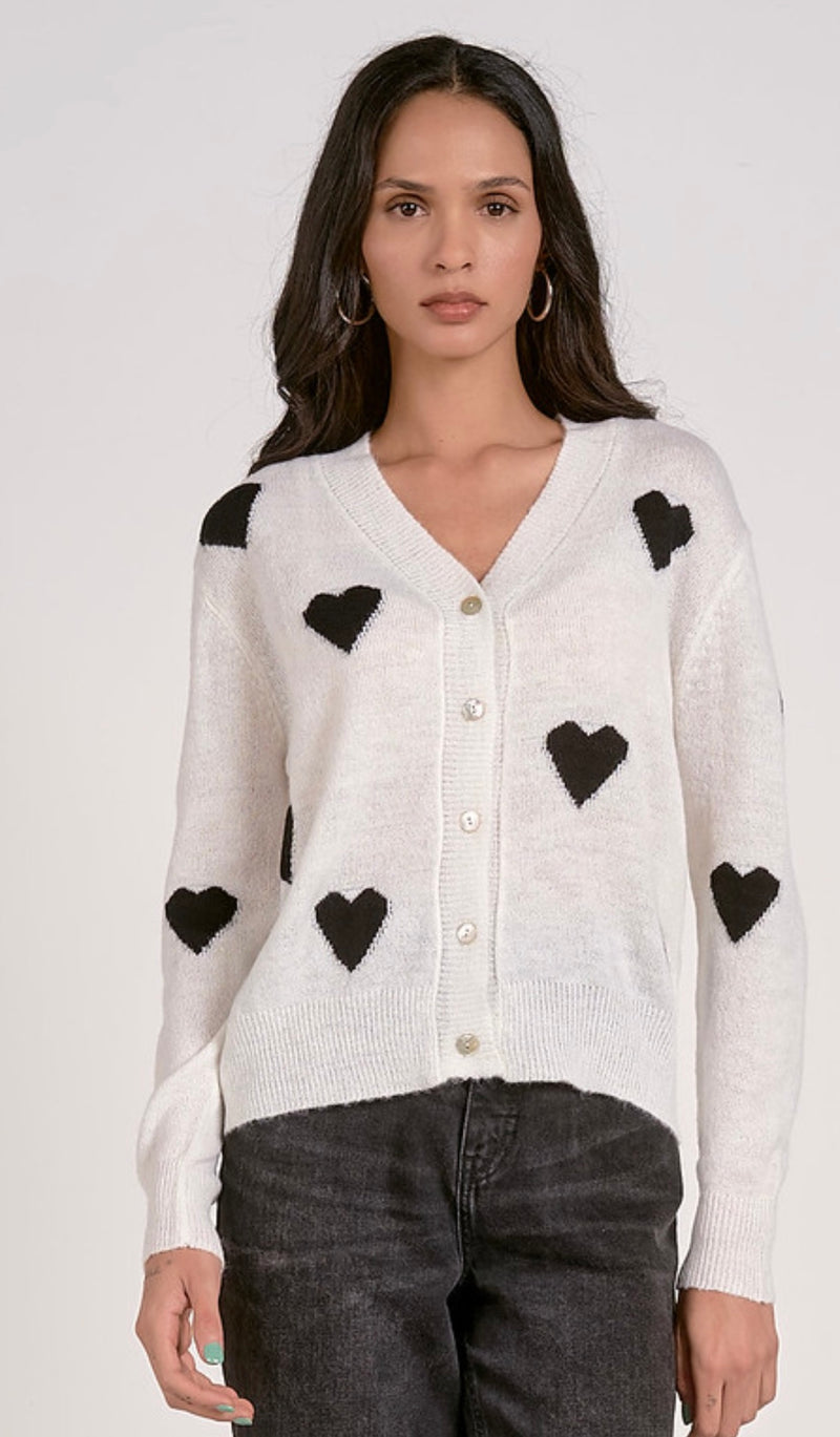 Elan White w/Black Hearts LIght Weight Cardigan Sweater