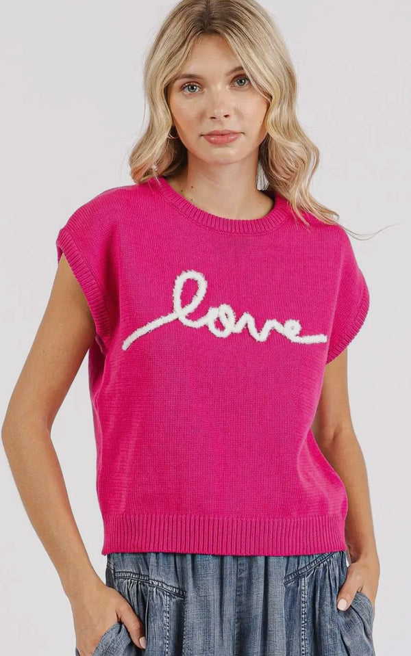 Mitto Shop Hot Pink Love Lettering Cap Sleeve Knit Vest Top