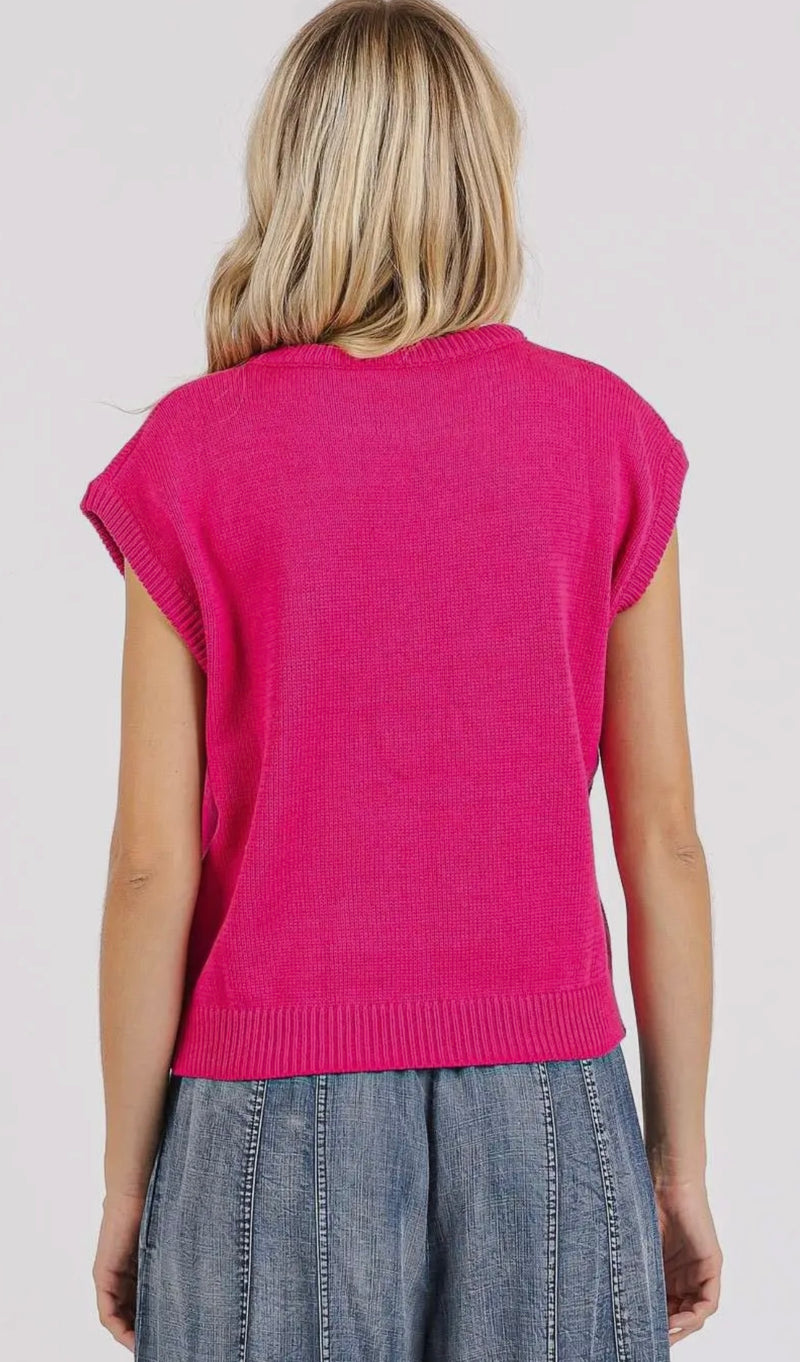 Mitto Shop Hot Pink Love Lettering Cap Sleeve Knit Vest Top