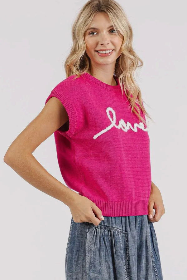 Mitto Shop Hot Pink Love Lettering Cap Sleeve Knit Vest Top