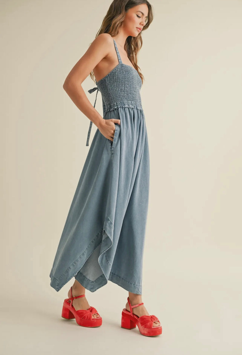 Miou Muse Blue Denim Smocked Bodice Adjustable Spaghetti Strap Midi Dress