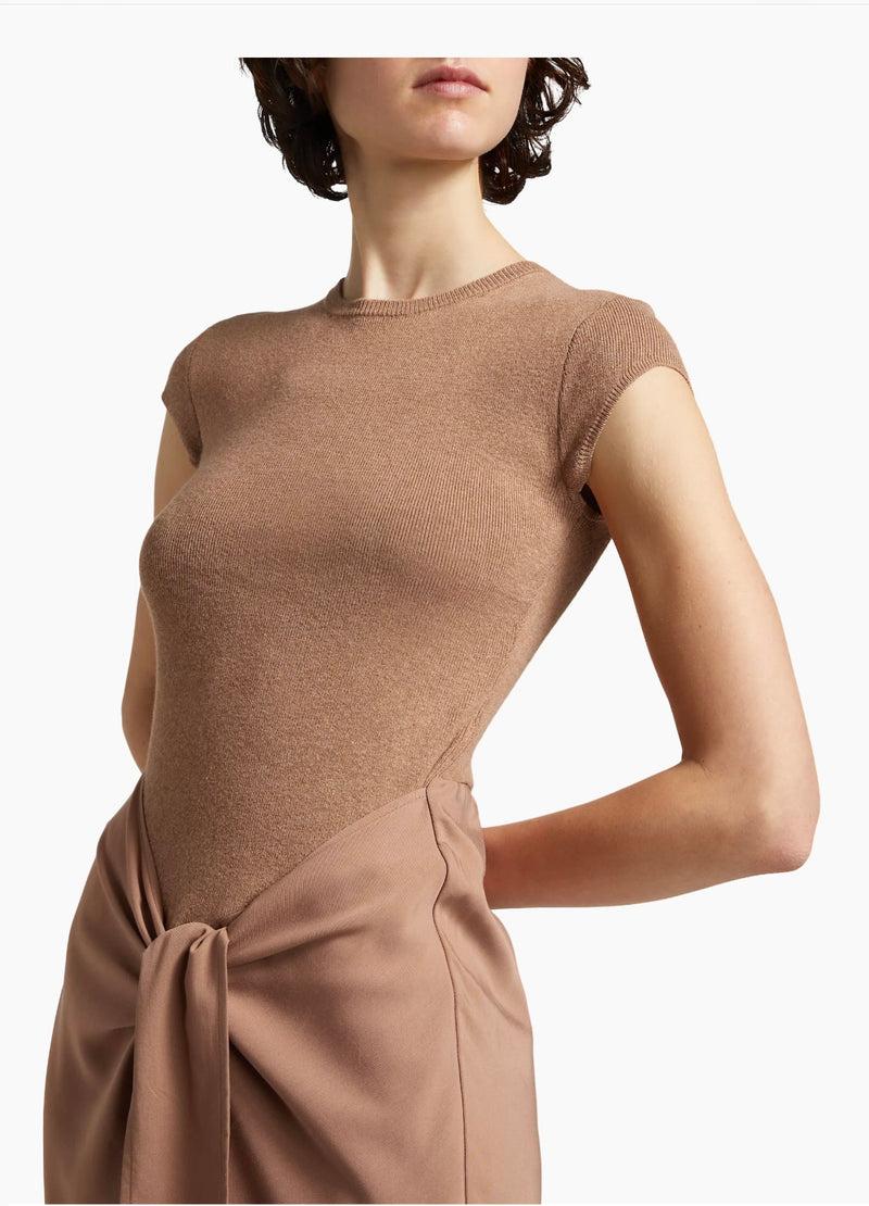 DH New York Cappichino Mixed Media Cap Sleeve Tie Front Midi Dress
