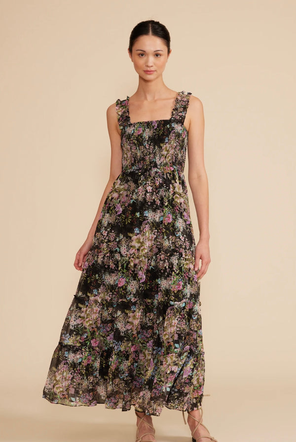 Lucy Paris Black Floral Dylan Smocked Midi Dress