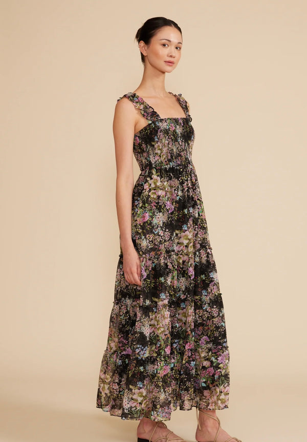 Lucy Paris Black Floral Dylan Smocked Midi Dress