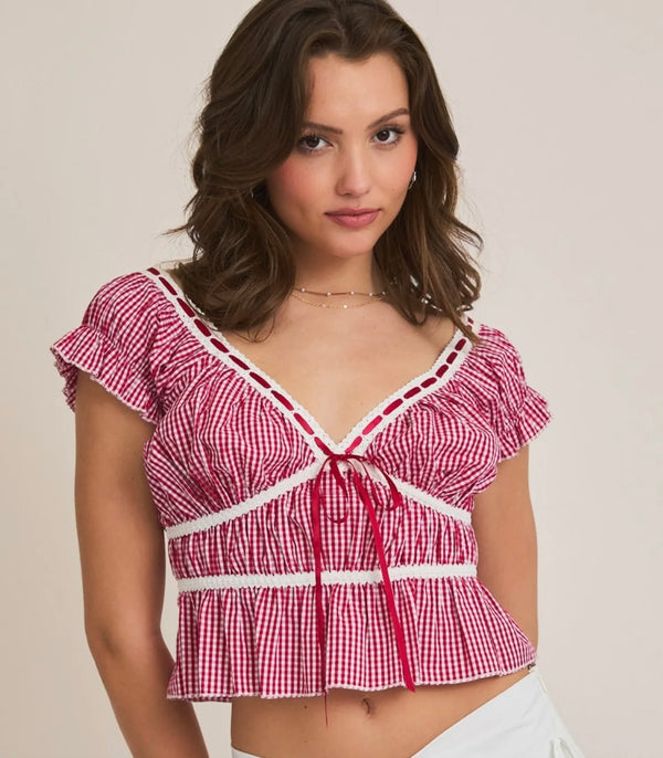 LeLis Red-White Gingham Cropped Cap Sleeve Top