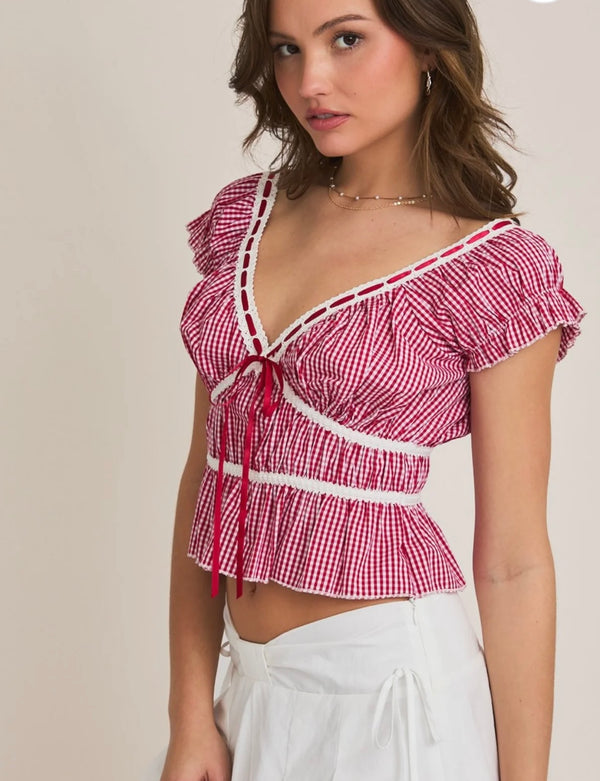 LeLis Red-White Gingham Cropped Cap Sleeve Top