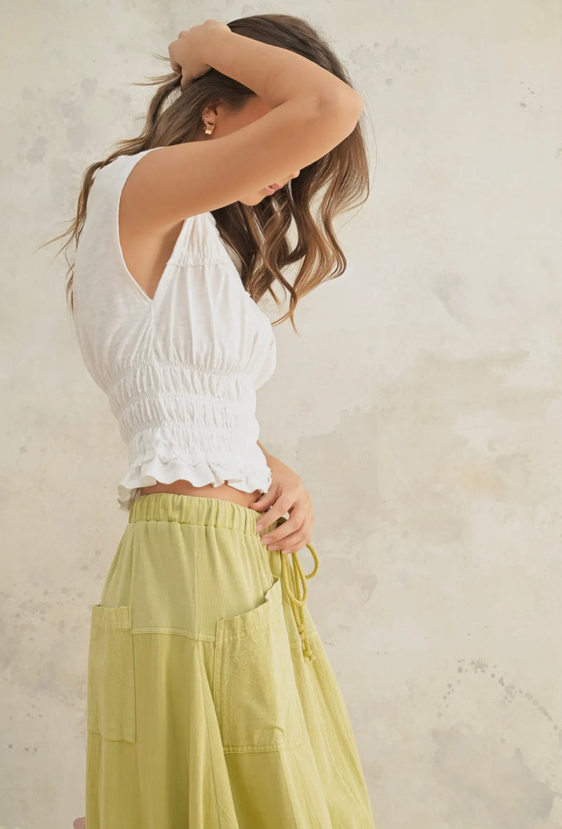 Miou Muse White Smocked Detail Cropped Top