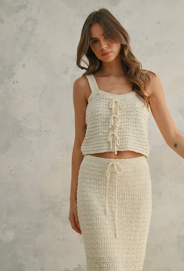 Miou Muse Beige Crochet Knitted Crop Top