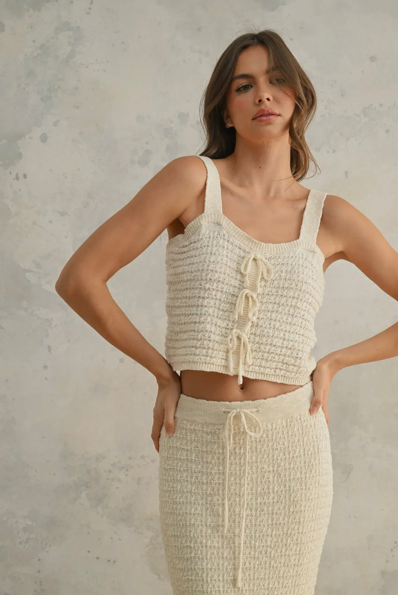 Miou Muse Beige Crochet Knitted Crop Top