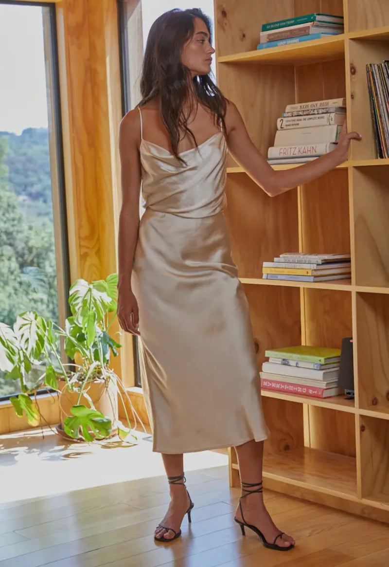 By Together Pearl Satin Elastic Waist Midi Skirt