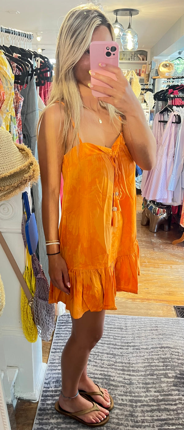 Khush Tangerine Spaghetti Strap Square Neck Loose Fit Mini Kona Dress