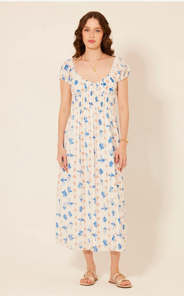 Bila 77 Gardenia Cap Sleeve White with Blue Floral Pala Mesa Maxi Dress