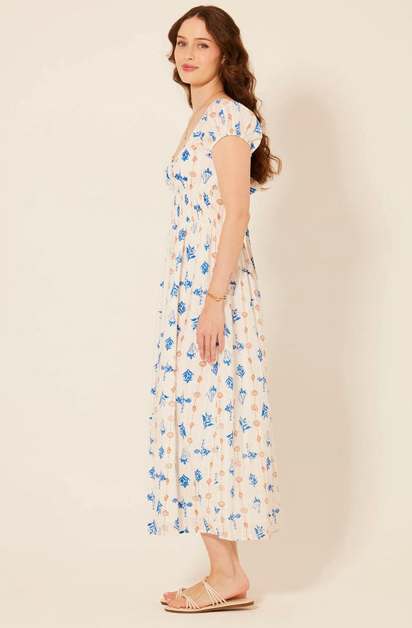 Bila 77 Gardenia Cap Sleeve White with Blue Floral Pala Mesa Maxi Dress