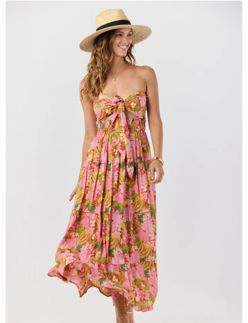 Tiare Hawaii Molokai Florals Lava Adjustable Tie Strapless Bodice Maxi Dress