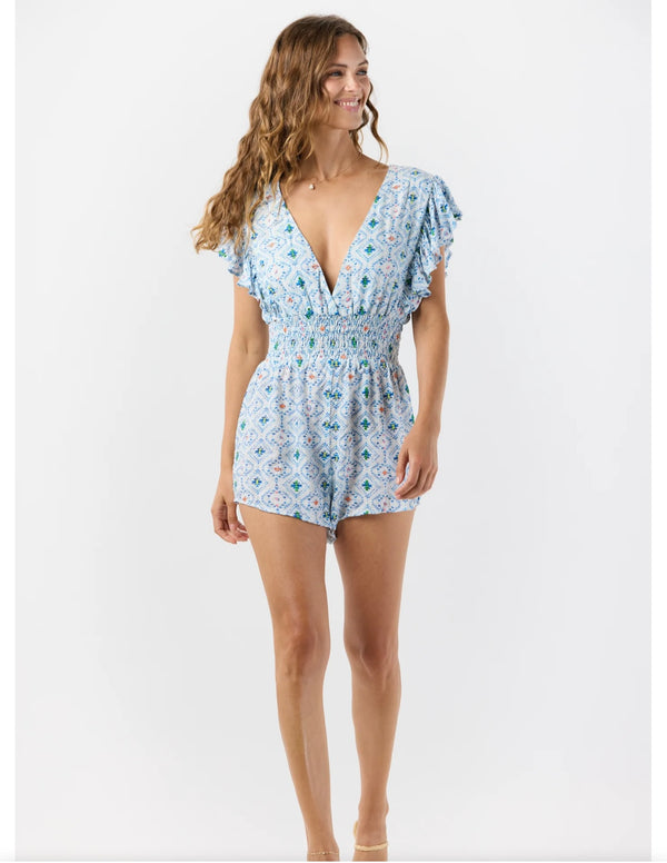 Tiare Hawaii Sedona Blue Dahlia Cinched Waist Deep V Bodice Romper