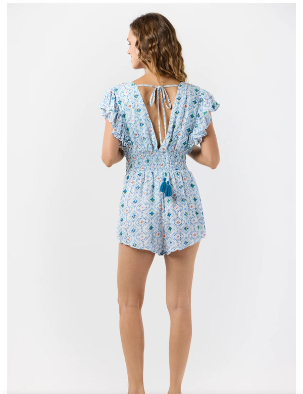 Tiare Hawaii Sedona Blue Dahlia Cinched Waist Deep V Bodice Romper