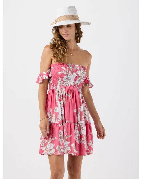 Tiare Hawaii Lily Hot Pink French Smocked Bodice Flutter Sleeve Mini Dress
